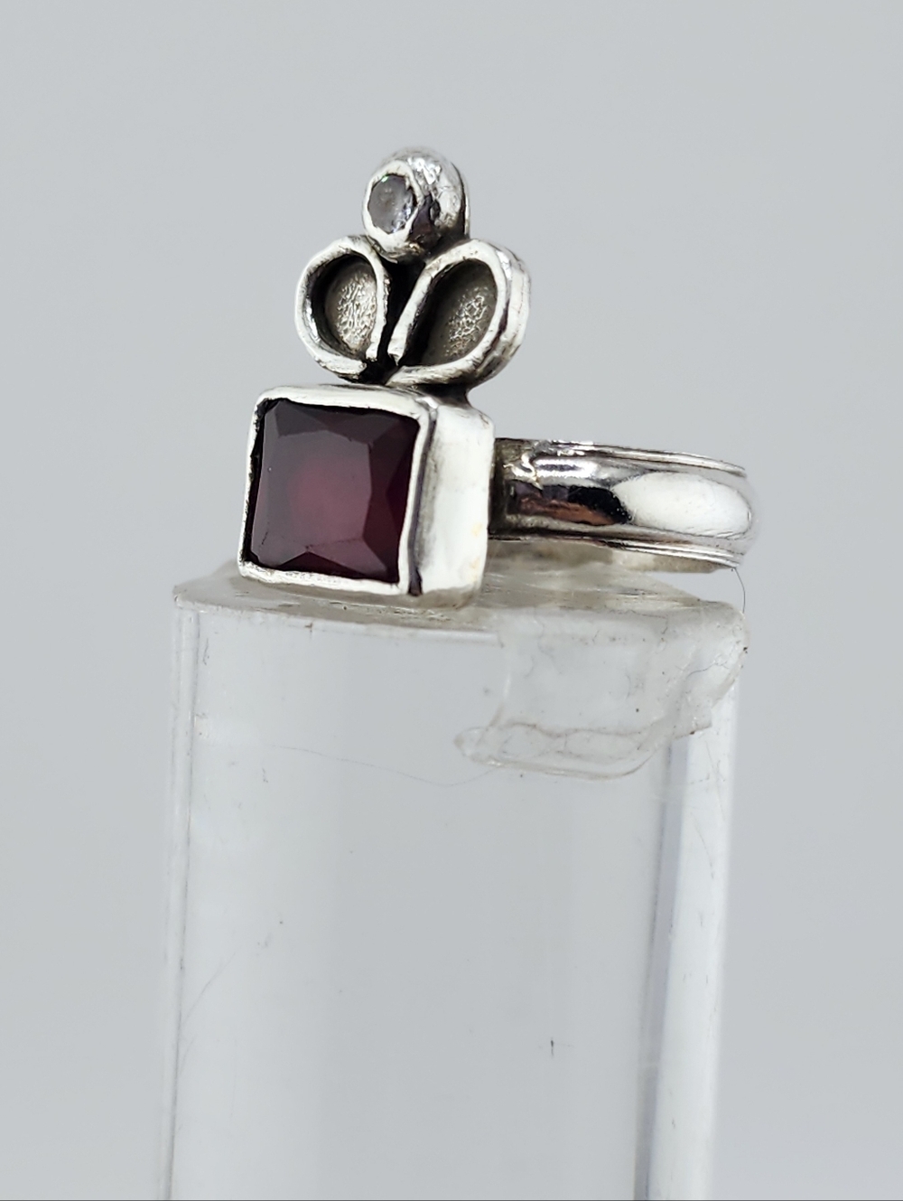 GARNET & CLEAR ZIRCONIA HANDMADE RING IN STERLING SILVER RECYCLED METAL SZ 6 - Picture 2 of 14
